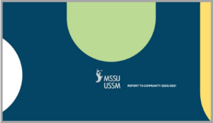 Cover of the 2020-21 MSSU Report to Community showing large data graphics against a blue backdrop with the MSSU logo.