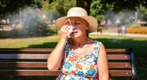 A woman wipes sweat off her face sitting on a park bench in the summer heat.
