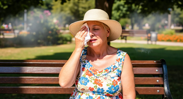 A woman wipes sweat off her face sitting on a park bench in the summer heat.